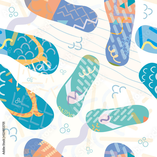 Seamless flip flop shoe vector pattern background. Modern hand drawn Memphis design sandals on beach backdrop. Funky tropical illustration all over print for hot summer vacation resort concept