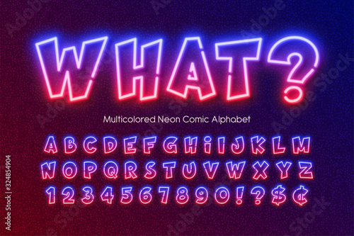 Multicolored neon light alphabet, extra glowing comic style type.