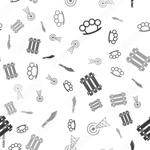 Set Brass knuckles , Radar , Military ammunition box and Military knife on seamless pattern. Vector