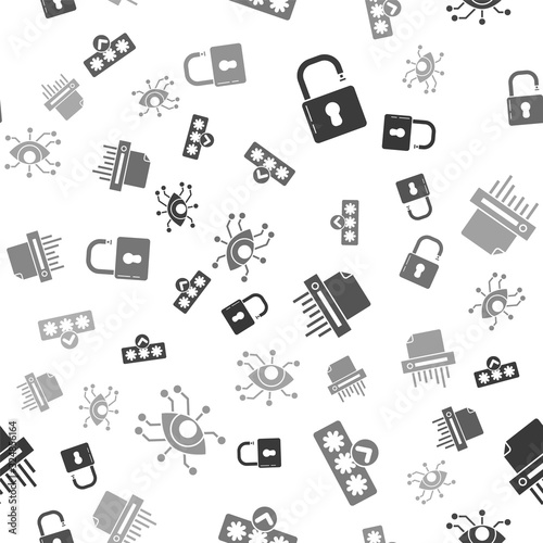 Set Open padlock , Password protection and safety access, Paper shredder confidential and Eye scan on seamless pattern. Vector