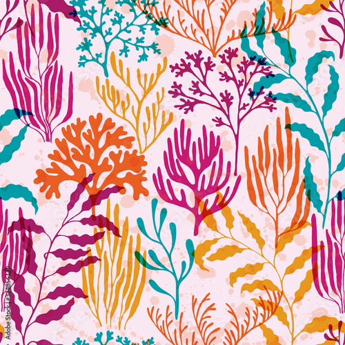 Coral polyps seamless pattern.  Australian staghorn and pillar corals branches.