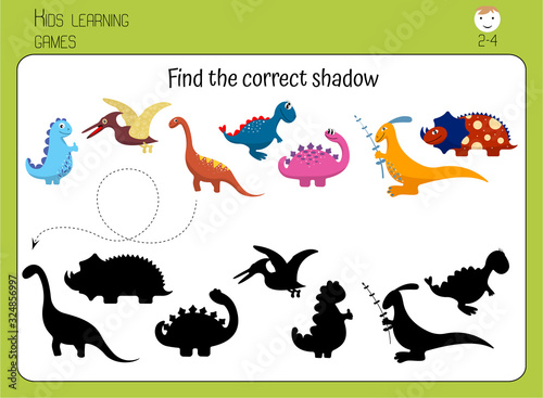 Find correct dinosaur shadow. Game for children  preschoolers. Cute cartoon dinosaurs. Educational card for kids.