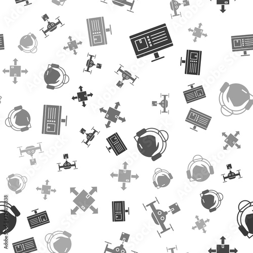 Set Computer monitor with app delivery tracking , Delivery drone with the package , Support operator in touch and Cardboard box with traffic symbol on seamless pattern. Vector
