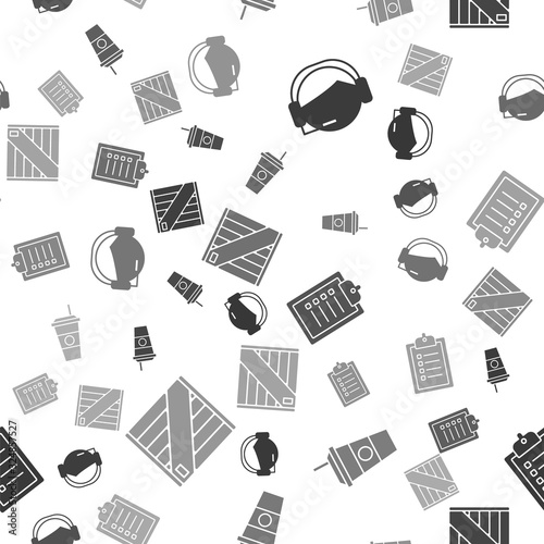 Set Support operator in touch, Coffee cup , Verification of delivery list clipboard and Wooden box on seamless pattern. Vector