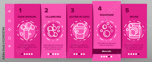 Soap Bubbles And Foam Onboarding Icons Set Vector. Soap In Bottle For Wash Hand, In Bucket And In Laundry Machine Illustrations