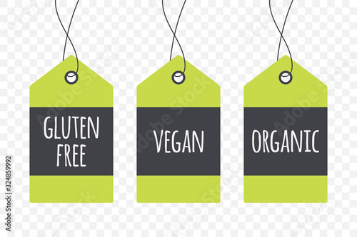 Gluten Free, Vegan, Organic label, shopping tag. Vector sign isolated on transparent background. Illustration symbol for food, product, healthy eating