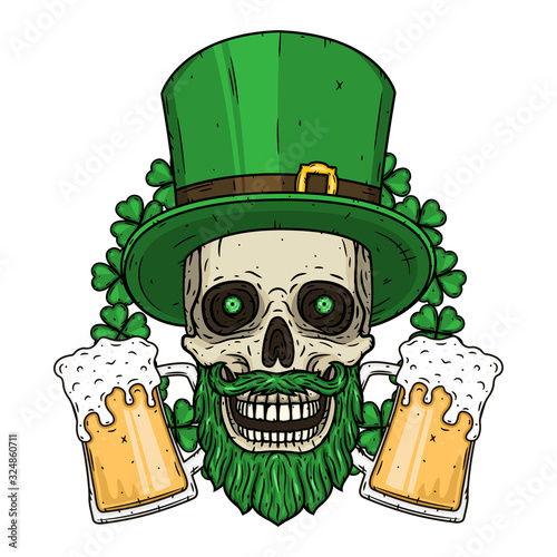 Skull. Irish skull. The skull of Saint Patrick's with green hat, glass beer and clover leaves. Saint Patricks Day illustration.