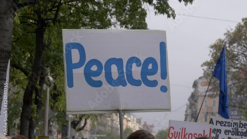 Close Up Of Peace Sign At Protest photo