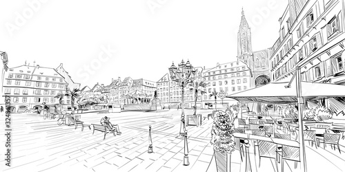 Kleber Square. Strasbourg. France. Hand drawn sketch. Vector illustration.