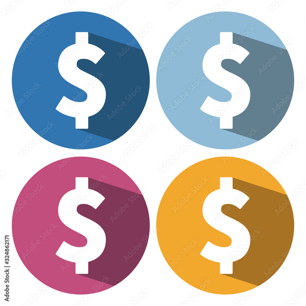 Dollars sign icon. USD currency symbol. Money label. Circle buttons with long shadow. 4 icons set. Vector Dollars sign icon. USD currency symbol. Money label. Circle buttons with long shadow. 4 icons set. Vector