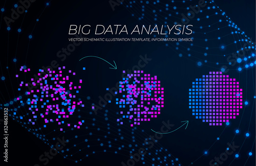 Vector Glow Big Data Analysis Illustration, Technology Elements Isolated on the Dark Background with Shining Dots.