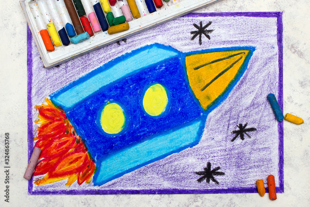 Photo of colorful drawing: blue space rocket in cosmos