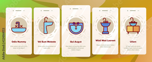 Sink Ceramic Bathroom Onboarding Icons Set Vector. Bath Sink With Faucet, Restroom Hands And Face Wash Equipment Illustrations