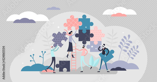 Teamwork jigsaw puzzle concept, flat tiny persons vector illustration