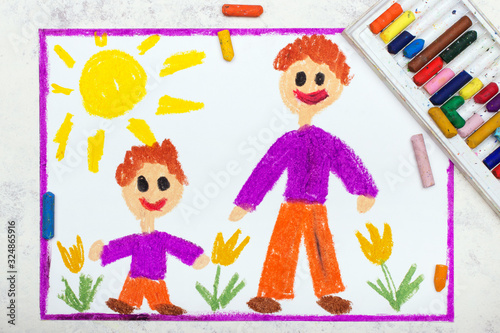 Photo of colorful drawing:  Father and son or older and younger brother. Boys wearing the same clothes