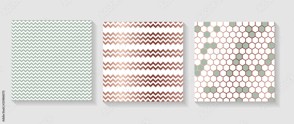 Set of geometric patterns. Abstract vector background. Hexagon and chevron pattern. Mint and rose gold colours