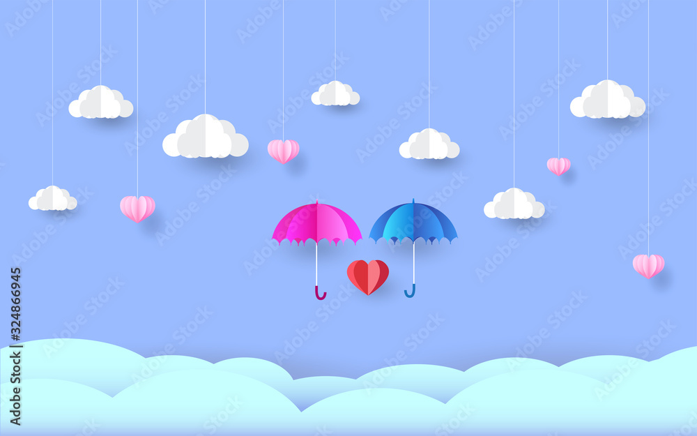 umbrella in the sky, paper art style,love day