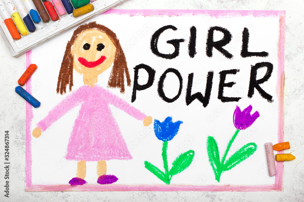 Photo of colorful drawing: Smiling young woman and hand drawn lettering phrase GIRL POWER Photo of colorful drawing: Smiling young woman and hand drawn lettering phrase GIRL POWER