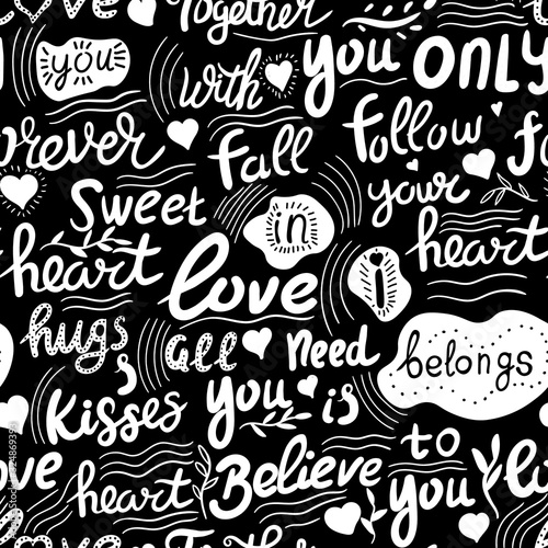 Love , lettering chalk vector seamless pattern on black background. Concept for wallpaper, wrapping paper, cards 