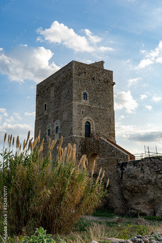 Remaining tower of a castle on the coast of Campofelice Italy