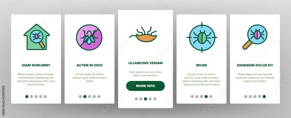 Pest Control Service Onboarding Icons Set Vector. Insects Exterminator And Protection Mask, Bug And Mosquito, Anti Pest Mark Illustrations