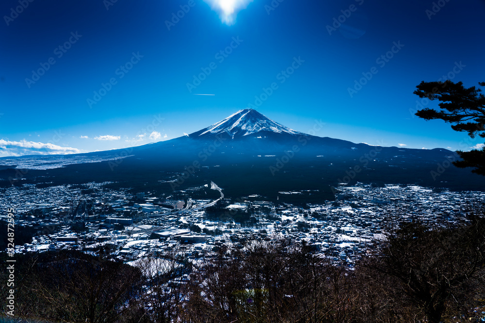 View of Mount Fuji from top of hill, Kawakuchiko, Japan