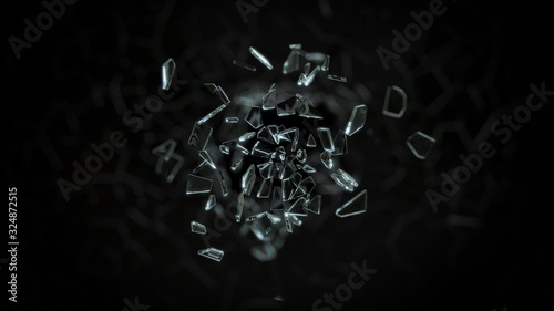 Shattering Glass on black background,3d rendering.