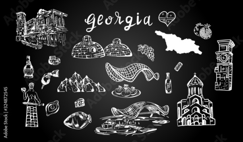 Georgia , architecture, food , travel big set . Vector isolated design elements on white background. Concept for menu, cards, logo, icon , print , invitation 