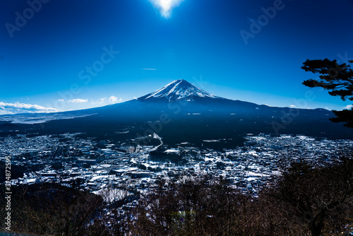 View of Mount Fuji from top of hill, Kawakuchiko, Japan