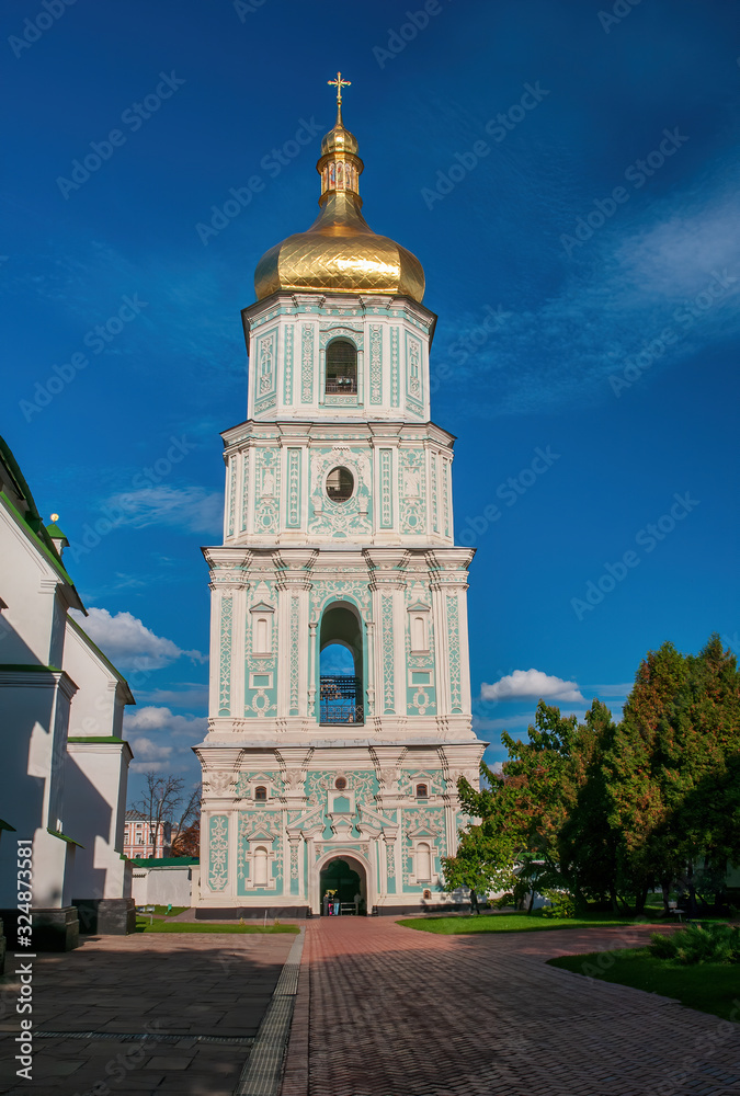 Bell Tower of Kyiv Saint Sophia Cathedral against picturesque sky, Kyiv, Ukraine. UNESCO World Heritage Site