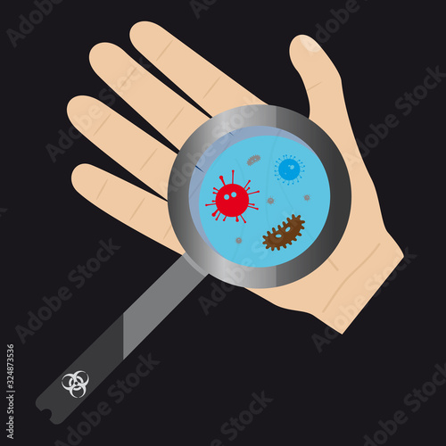 virus or bacterial infection on human hand visible through magnifier