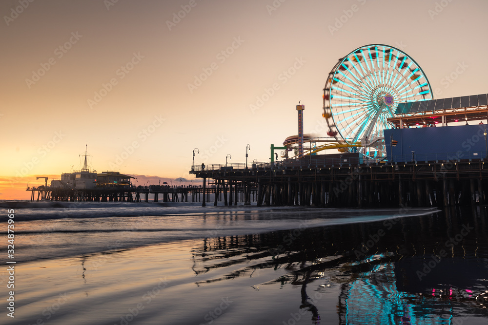 Santa Monica pier, iconical view from California coast, United States.