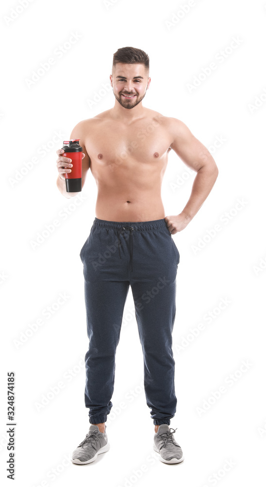 Sporty man with protein shake on white background Sporty man with protein shake on white background