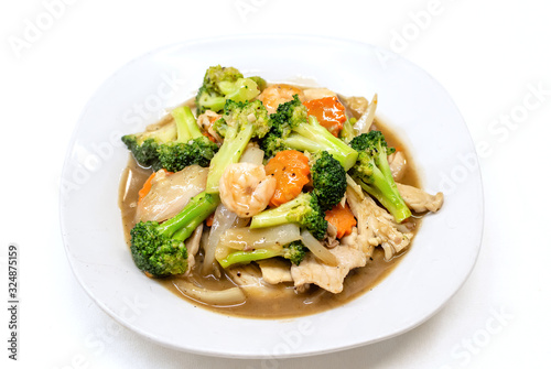 Chicken ,Shrimp and Broccoli Stir-Fry on white background,Chinese food.