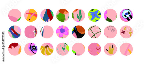 Fototapeta Naklejka Na Ścianę i Meble -  Big set of different vector highlight covers in pink style. Abstract backgrounds. Various shapes, lines, spots, dots, doodle objects. Hand drawn patterns. Round icons for social networks.