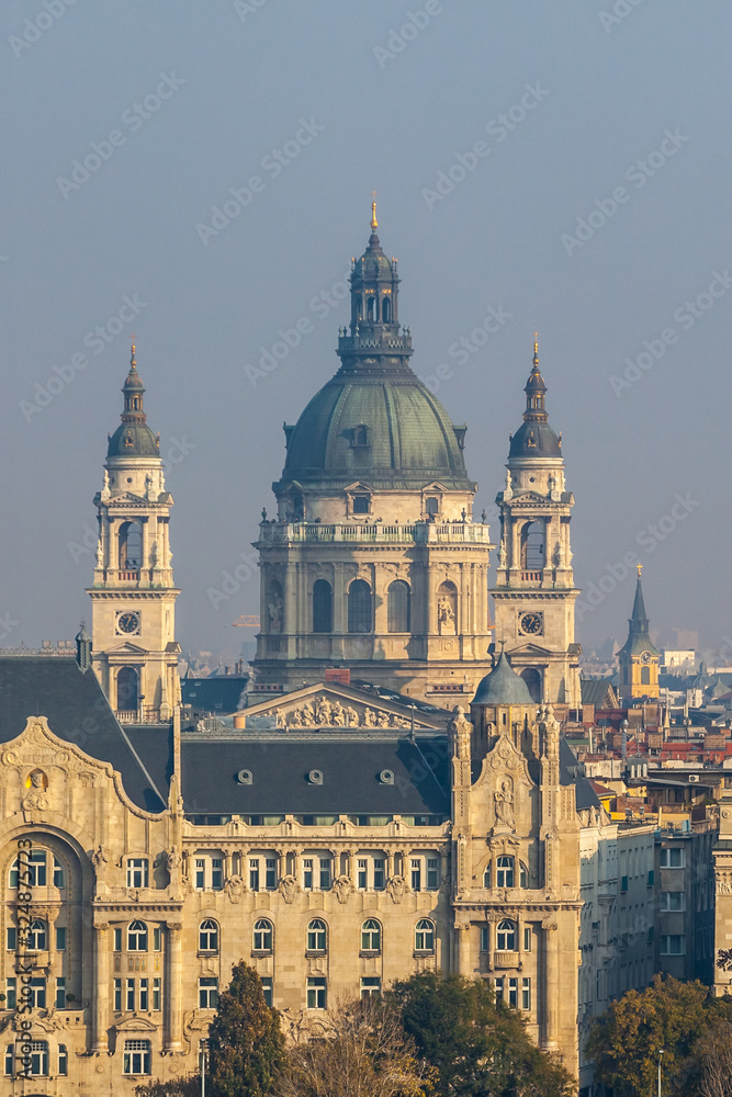 Aerial view about the towers of the famous St.Stephen's Basilica in Budapest