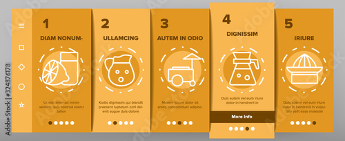 Lemonade Tasty Drink Onboarding Icons Set Vector. Lemonade In Glass With Tube And In Bottle, Juicer And Lemon Sliced Piece Illustrations