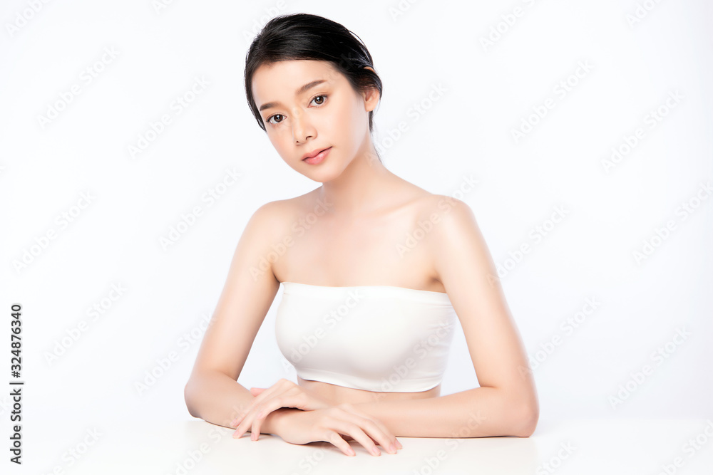 Portrait beautiful young asian woman clean fresh bare skin concept. Asian girl beauty face skincare and health wellness, Facial treatment, Perfect skin, Natural makeup, on white background, Portrait beautiful young asian woman clean fresh bare skin concept. Asian girl beauty face skincare and health wellness, Facial treatment, Perfect skin, Natural makeup, on white background,