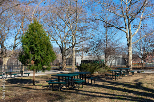 Empty Picnic Tables at McCarren Park in Williamsburg Brooklyn New York 