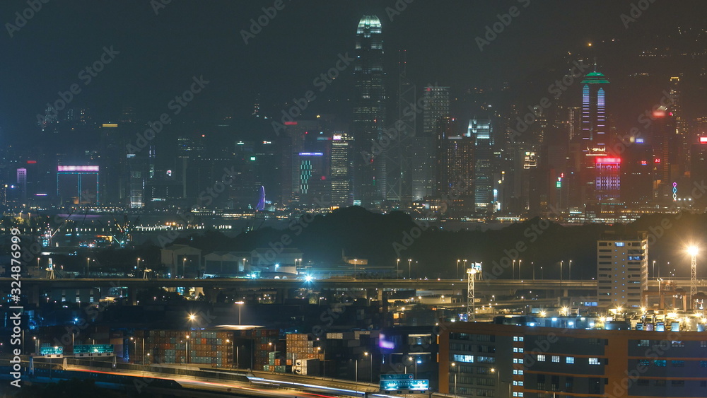 Hong Kong Skyline near Container Terminal Night timelapse