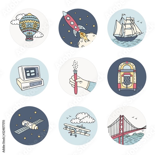 Hand drawn icons representing different human inventions - different forms of transportation, space science, chemistry, construction and the first juke box