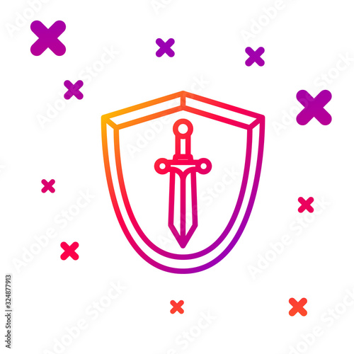 Color line Medieval shield with sword icon isolated on white background. Gradient random dynamic shapes. Vector Illustration