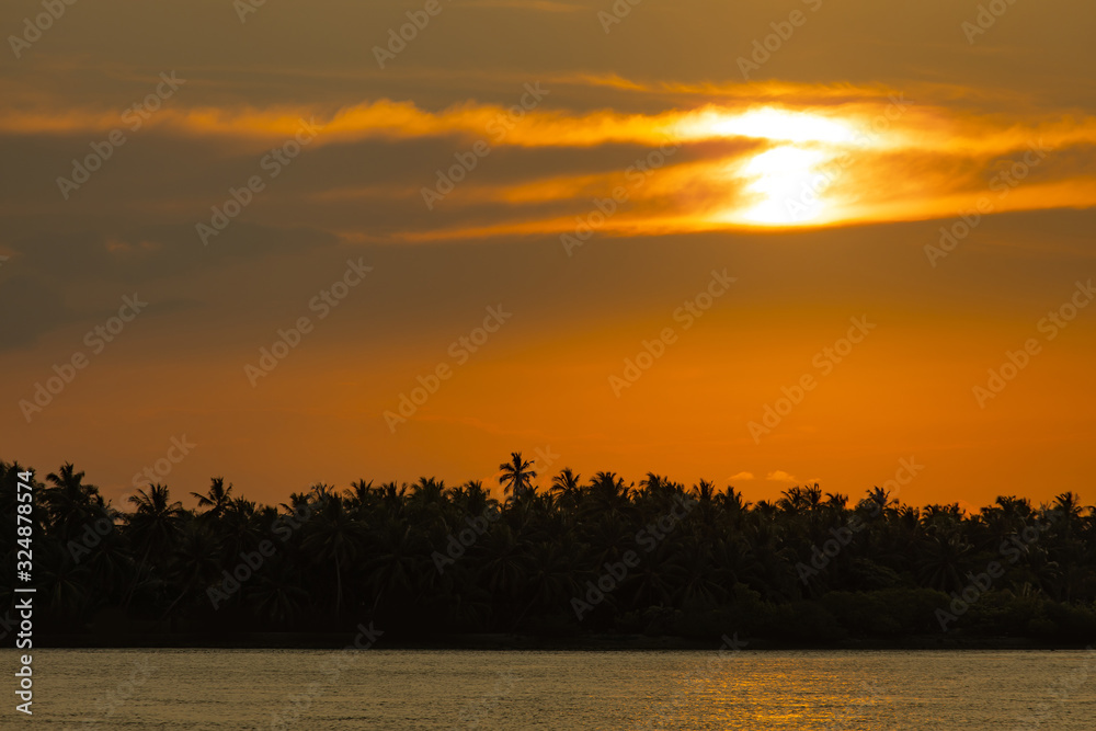 romantic orange sunset on palm trees island of Maldives romantic orange sunset on palm trees island of Maldives