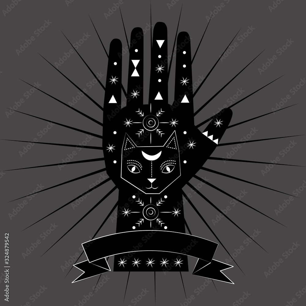 Vetor de Chiromancy and good luck charms. Palmistry graphic design, cat