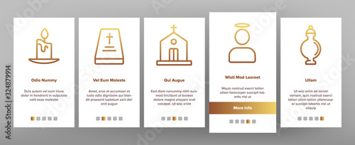 Funeral Burial Ritual Onboarding Icons Set Vector. Funeral Ceremony, Coffin And Bible, Car And Church, Broken Heart And Candle Illustrations