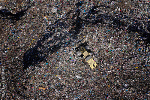 Aerial view of a garbage landfill, trash dump