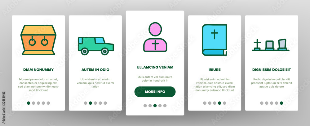 Funeral Burial Ritual Onboarding Icons Set Vector. Funeral Ceremony, Coffin And Bible, Car And Church, Broken Heart And Candle Illustrations