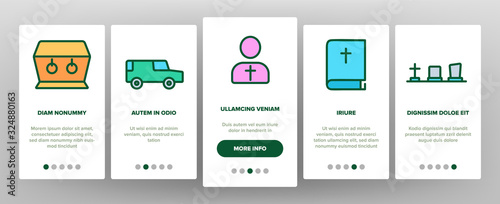 Funeral Burial Ritual Onboarding Icons Set Vector. Funeral Ceremony, Coffin And Bible, Car And Church, Broken Heart And Candle Illustrations
