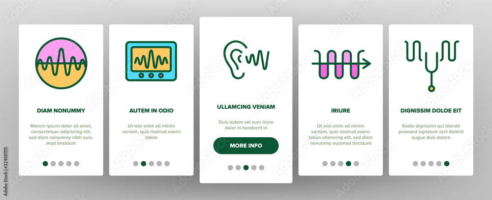 Frequency Pulse Wave Onboarding Icons Set Vector. Microphone And Ear, Radio And Dynamic With Frequency Cardiogram Illustrations