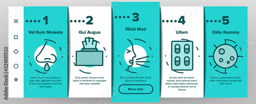 Flu Symptoms And Cure Onboarding Icons Set Vector. Cough And Lungs, Tablets And Wipes, Syringe And Injection, Flu Virus And Snot Illustrations